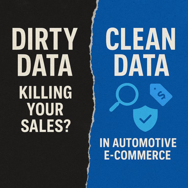 AI-generated graphic: Illustration showing dirty data killing sales versus clean data driving growth in automotive e-commerce.