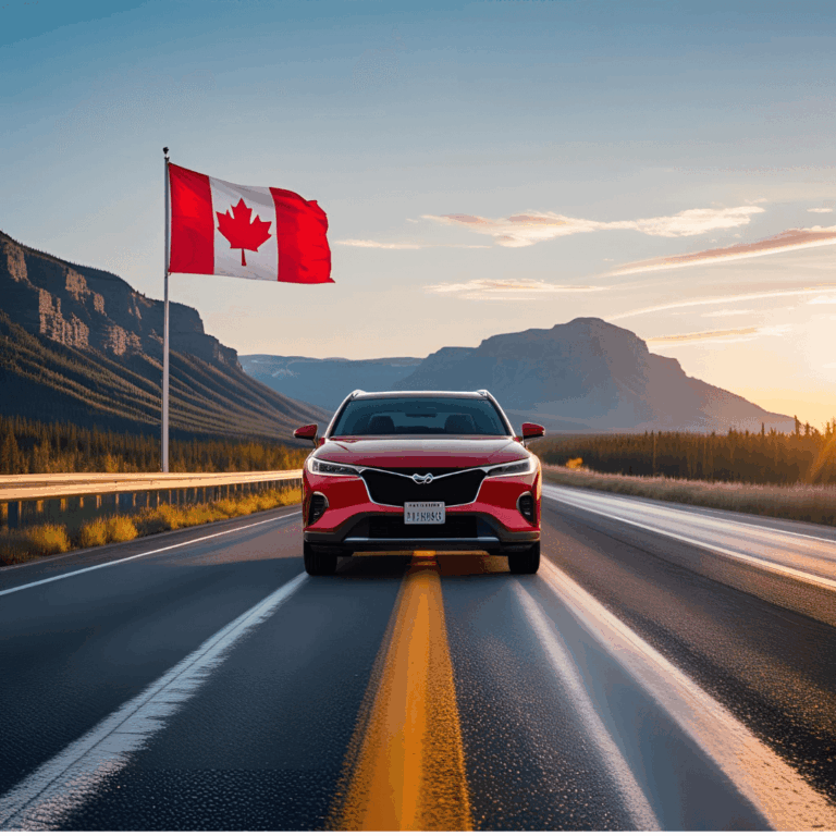 Photo of a vehicle on a road passing by a Canadian flag surrounded by Rocky Mountains.